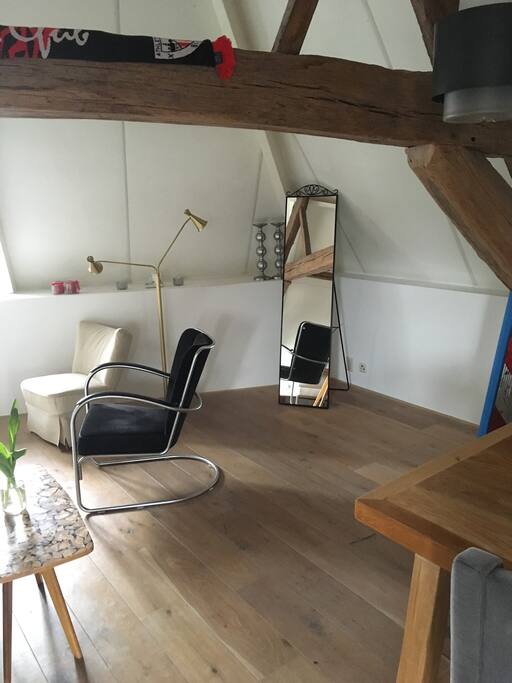 Dit is het gedeelte naast de woonkamer. Hier staan een spiegel en een lamp.