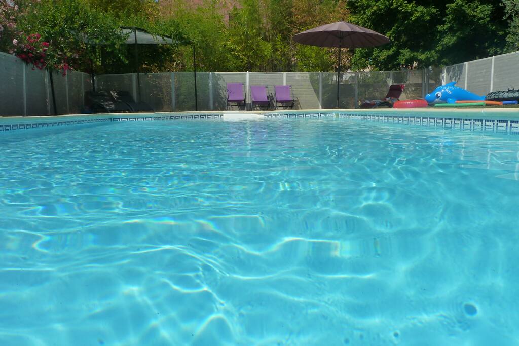 Grande piscine sécurisée entourée de verdure