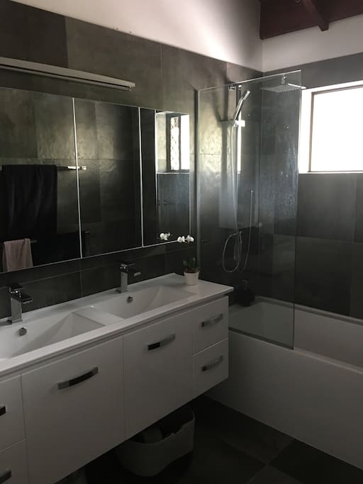 Double vanity sinks, rain shower head and deep bath tub
