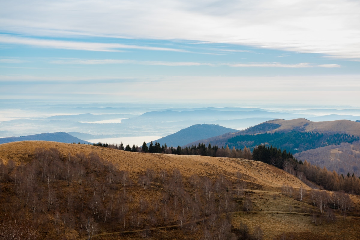 A panoramic view of rolling hills is displayed, featuring a blend of grassy and wooded areas. Soft, muted colors dominate the landscape under a light blue sky. The distant mountains create a serene backdrop, enhancing the peaceful ambiance of the outdoor setting.