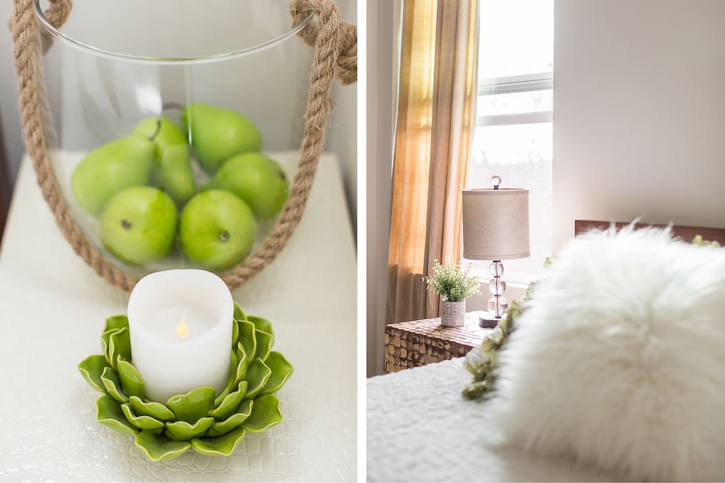 Gorgeous soft lighting for soft moods at night; thoughtful functional decor.
