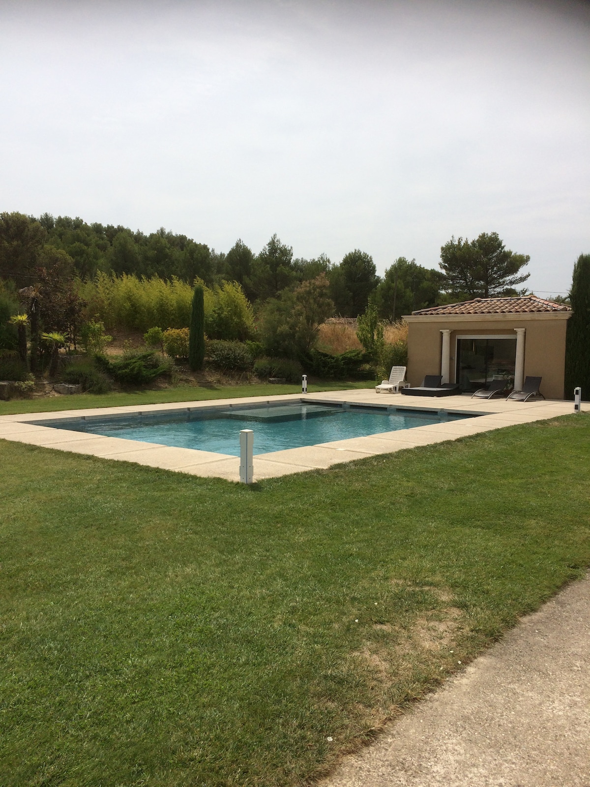 A swimming pool is framed by a paved area, situated on a grassy lawn. Surrounded by lush greenery and trees, a sun lounge is positioned beside the water. A detached building is visible in the background, offering additional space and amenities.
