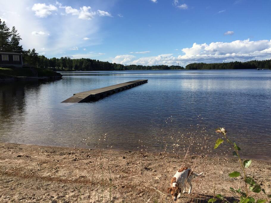 Badeplassen med sandstrand og badebrygge.