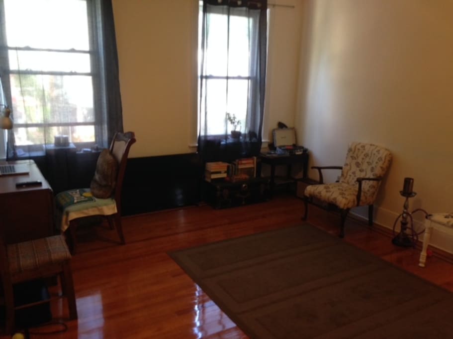 TV with Netflix account, Vinyl record player, Study table.