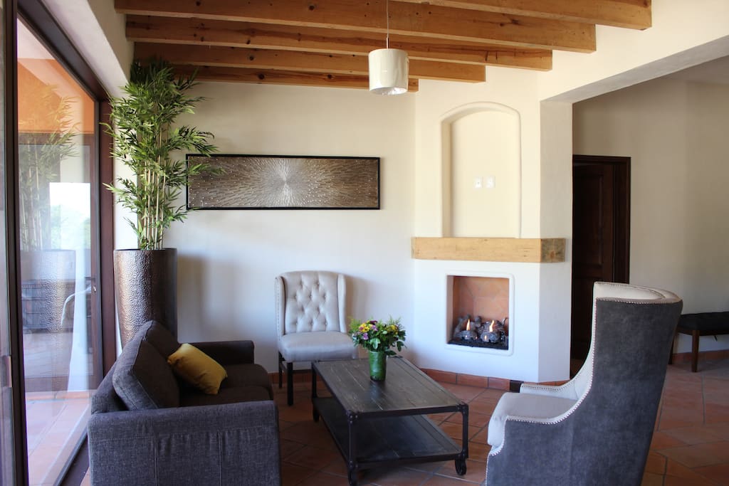 living room with a sofa bed for two kids and a chimney