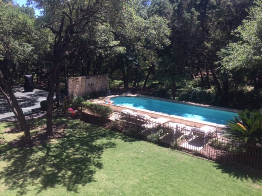 Lap pool and basketball court with tree swing