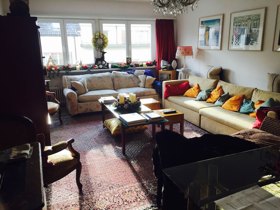 The living room offers space to relax and also a large dining table to work on. It also includes a large pull-out sofa bed.