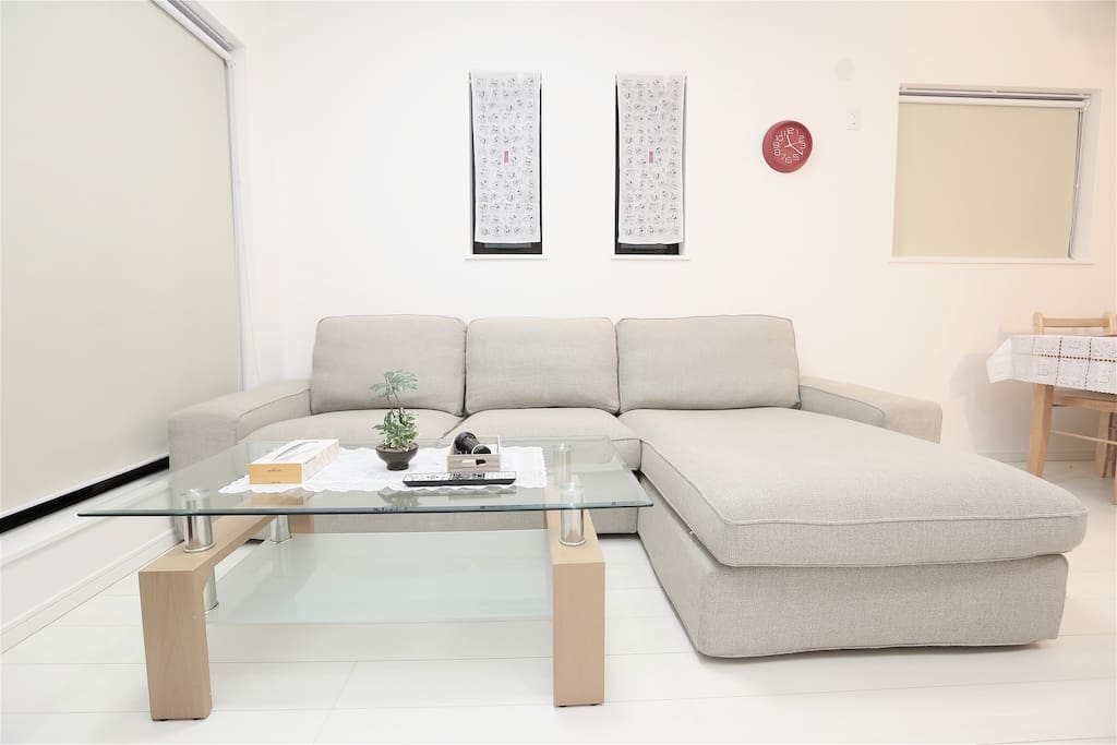 Giant L-shape sofa in spacious living room.