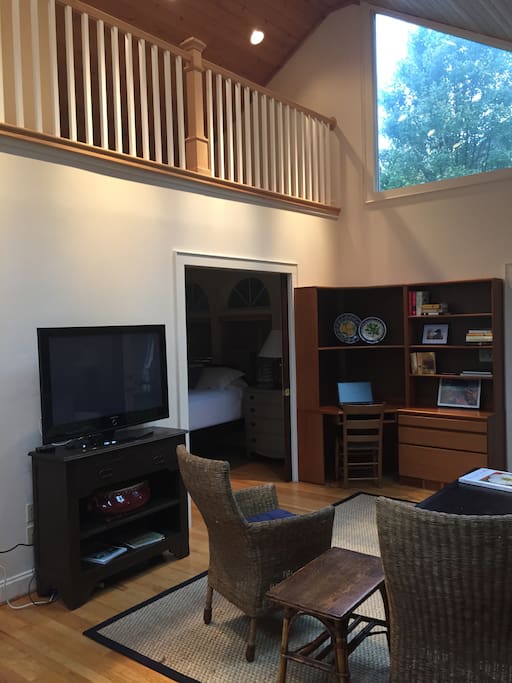 Vaulted natural wood ceiling with lots of natural light.