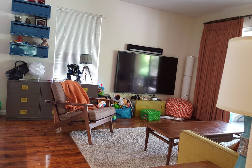 Large tv with access to netflix, amazon instant video, and ps4 gaming.