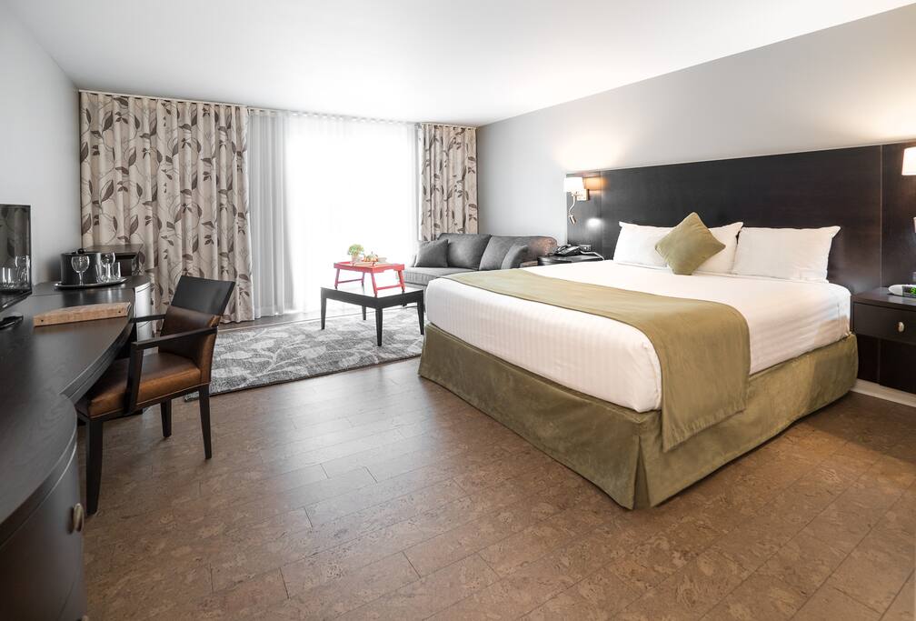 chambre - balcon avec 1 lit king, foyer, frigo et salle de bain