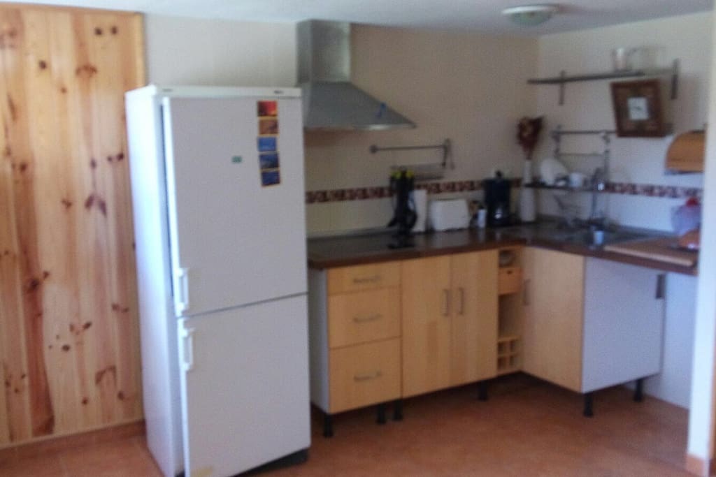 cocina y nevera con todo lo necesario para cocinar. no es compartida esta dentro de la misma casa.