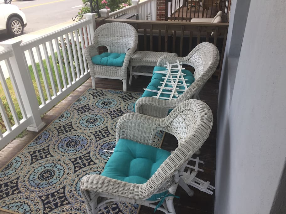 Comfy chairs on front porch- great place to enjoy your morning coffee.