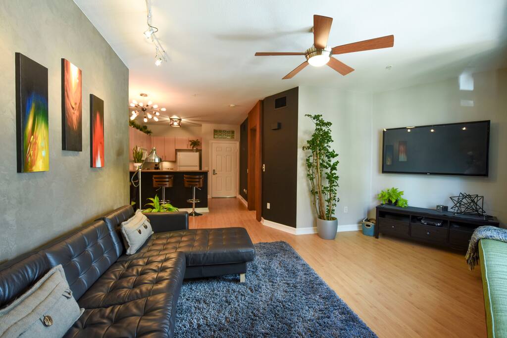60" flat screen TV, remote control fan & light, and brand new leather couch.