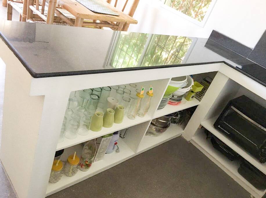 kitchen shelves and utensils
