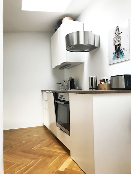 Im Wohnzimmer integrierte moderne Küchenzeile, kaum 1 Jahr alt, mit Spülmaschine, Herd, Ofen, Toaster, Wasserkocher, Kühlschrank