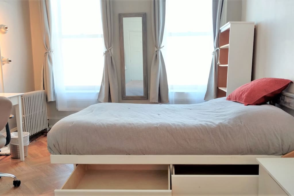Solid wood bed-frame, high-density foam mattress, and luxury linens. Fresh linens are provided upon request.