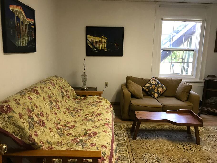 Living room. Futon sleeps two. Love seat unfolds for small floor bed.