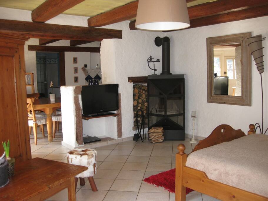 Vue du canapé sur cheminée et TV.