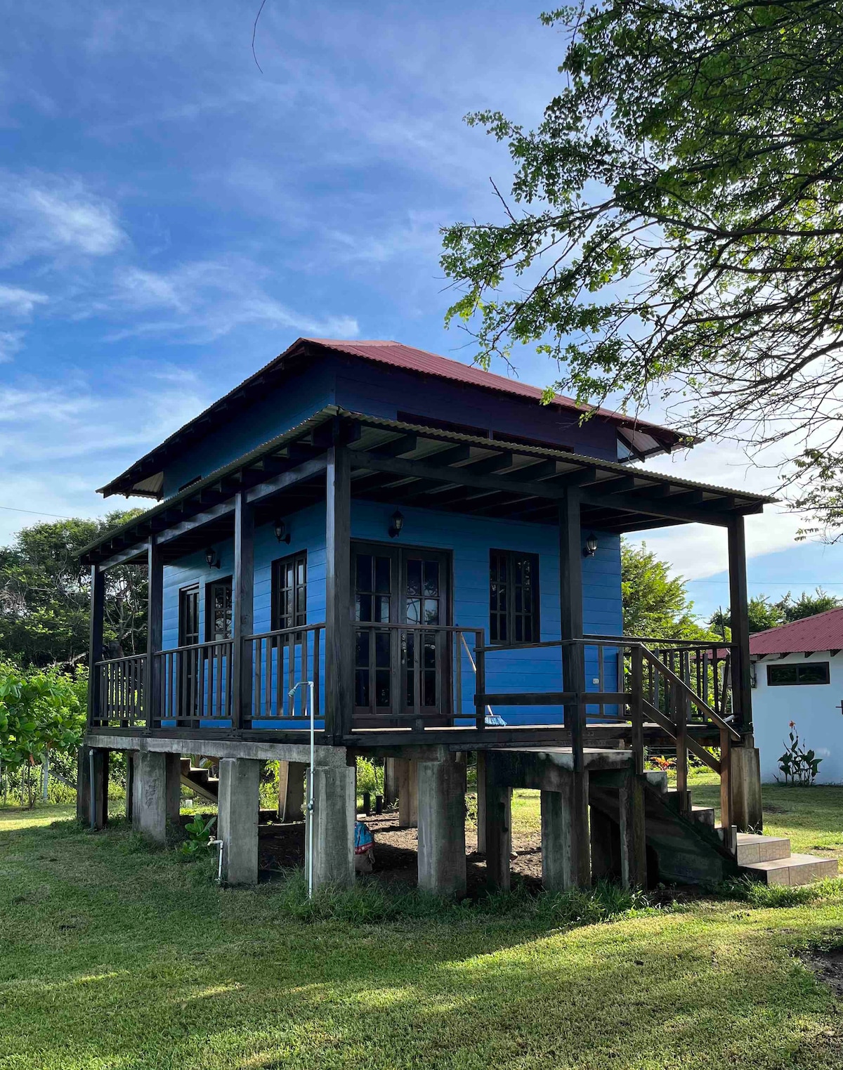 A two-story cabana features a vibrant blue exterior, elevated on sturdy posts above the grassy ground. The porch, bordered by a railing, includes stairs leading to the entrance. Surrounding greenery complements the structure, with a clear sky visible above.