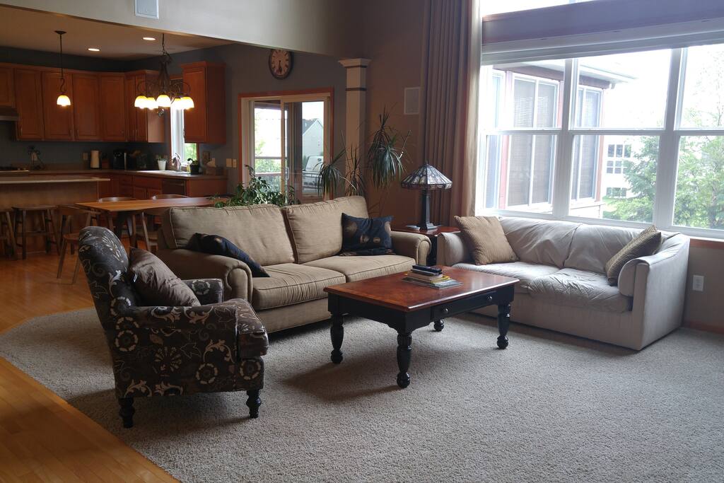 Great room adjacent to dining area and kitchen