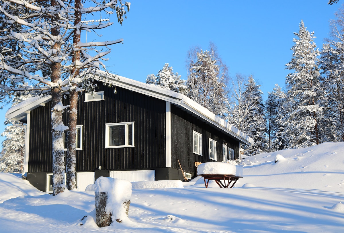 The exterior of a black wooden villa is surrounded by a snowy landscape, framed by tall, snow-covered trees. A picnic table is situated nearby on the white, wintery ground, under a clear blue sky.