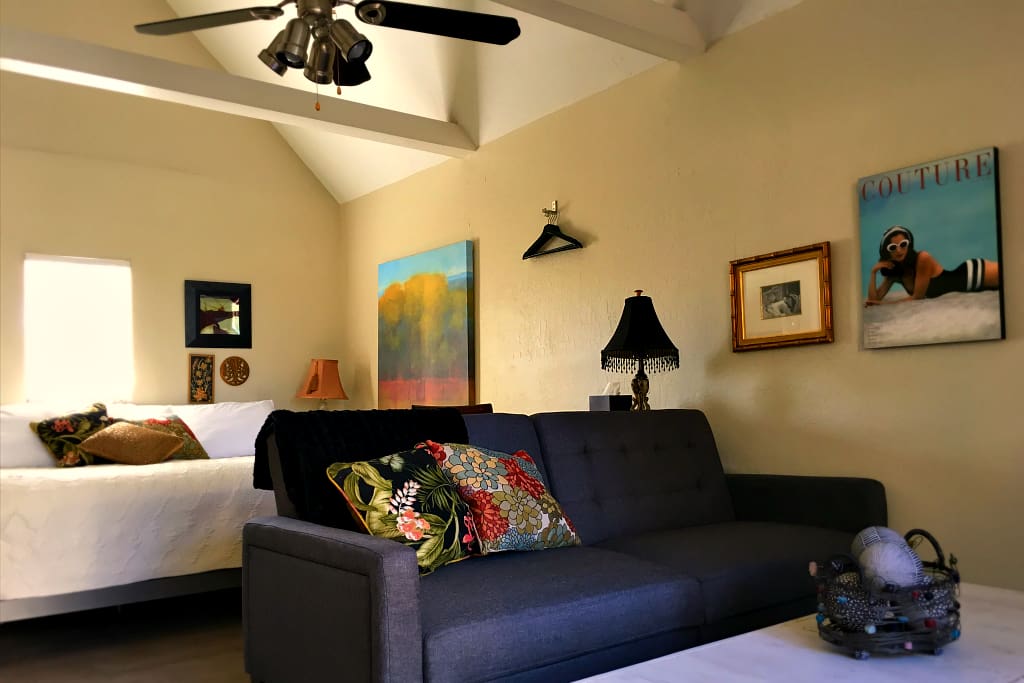 Vaulted ceiling and fan