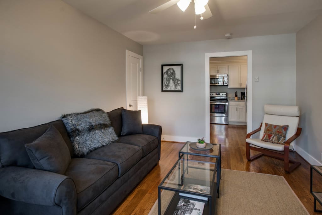 The bedroom has a queen bed and the living room couch is a sofa bed. The space can sleep up to 4.
Permit #201542126