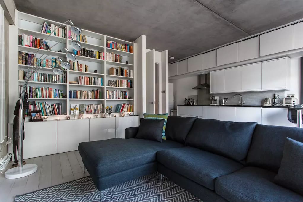 Comfy sofa and relaxing bookshelf