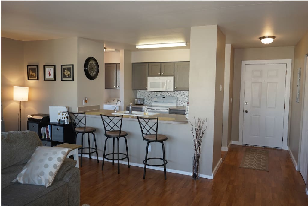 We have a fully equipped kitchen at your disposal with microwave, oven, refrigerator, coffee machine and a toaster. The sofa is reclines, and you are welcome to make yourself at home!