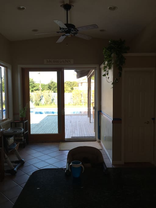 Extra large sliding glass doors lead outside to the deck and provide superb morning sunlight