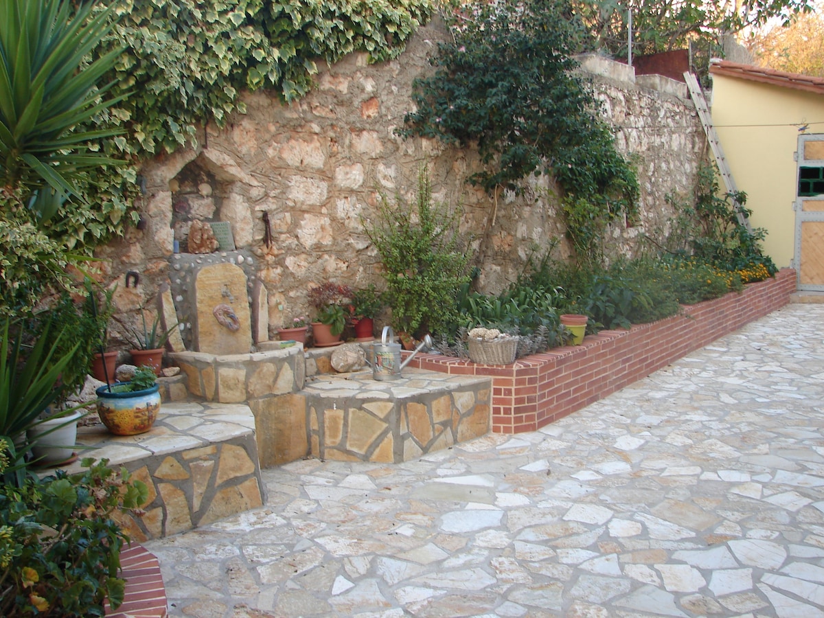 A stone-paved yard showcases beautifully arranged plants and flowers against a textured stone wall. A small, decorative fountain is nestled among the greenery, creating a peaceful ambiance. The space is bordered by brick edging, enhancing its natural charm and inviting a sense of tranquility.