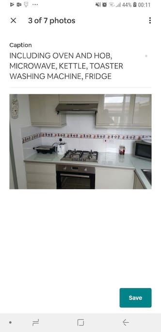The kitchen. includes toaster, kettle, gas oven, fridge, microwave and washing machine