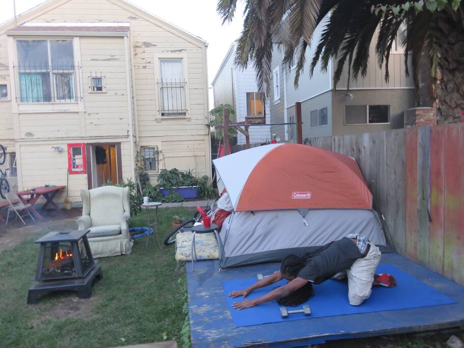 Fire pit, tent, exercise items