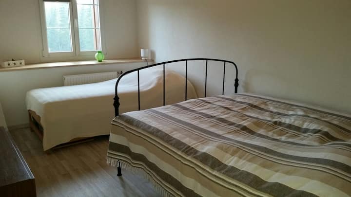 تتسع غرفة النوم لنوم 4 أشخاص بسرير مزدوج وسرير متحرك.