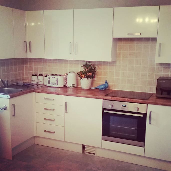 the kitchen with electric hob and oven and built in fridge with freezer compartment. fully equipped