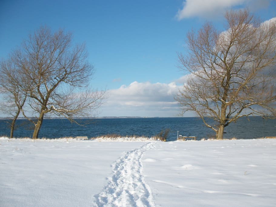 der Weg zum Strand bei Schnee