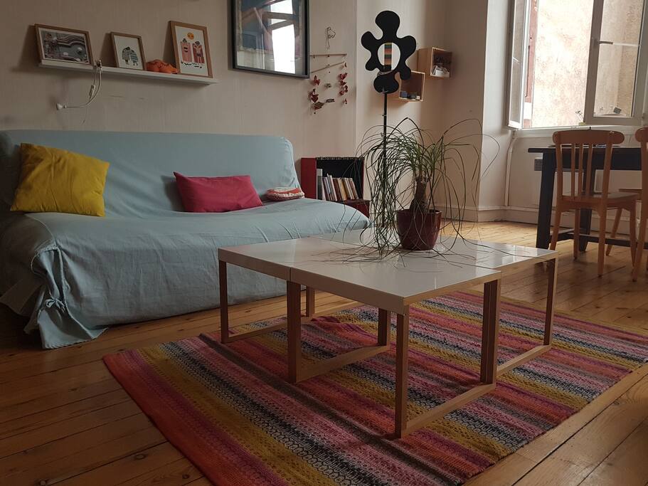 Grand salon lumineux, avec parquet au sol, comme dans tout l'appartement, table pour 6 personnes et canapé lit.