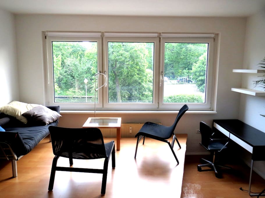 Big South-facing windows give view over the canal and the park behind
