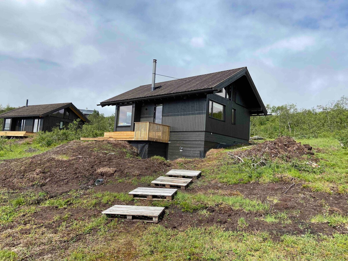 A modern cabin is positioned on a gently elevated site, surrounded by greenery. The structure features large windows and a wooden deck at the entrance, providing easy access. A footpath made of wooden boards leads to the cabin, enhancing the natural setting.