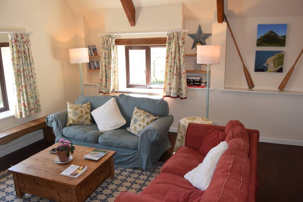 Upstairs open plan, airy and spacious living area with great views.