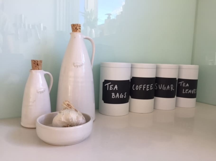 We love our Bison ceramics and a great selection of tea and coffee (more in the pantry)