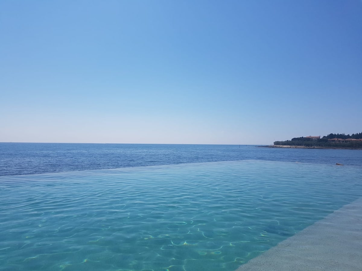 An infinity pool extends toward the horizon, blending seamlessly with the calm blue sea. The clear sky above adds to the serene atmosphere, creating a cohesive view of water and sky.