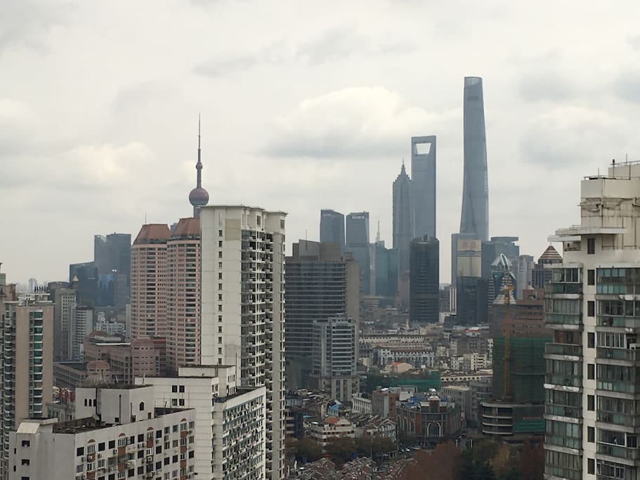 View on Pudong Liujiazui Financial District, Pearl tv tower, Shanghai tower and Shanghai World Trade Center