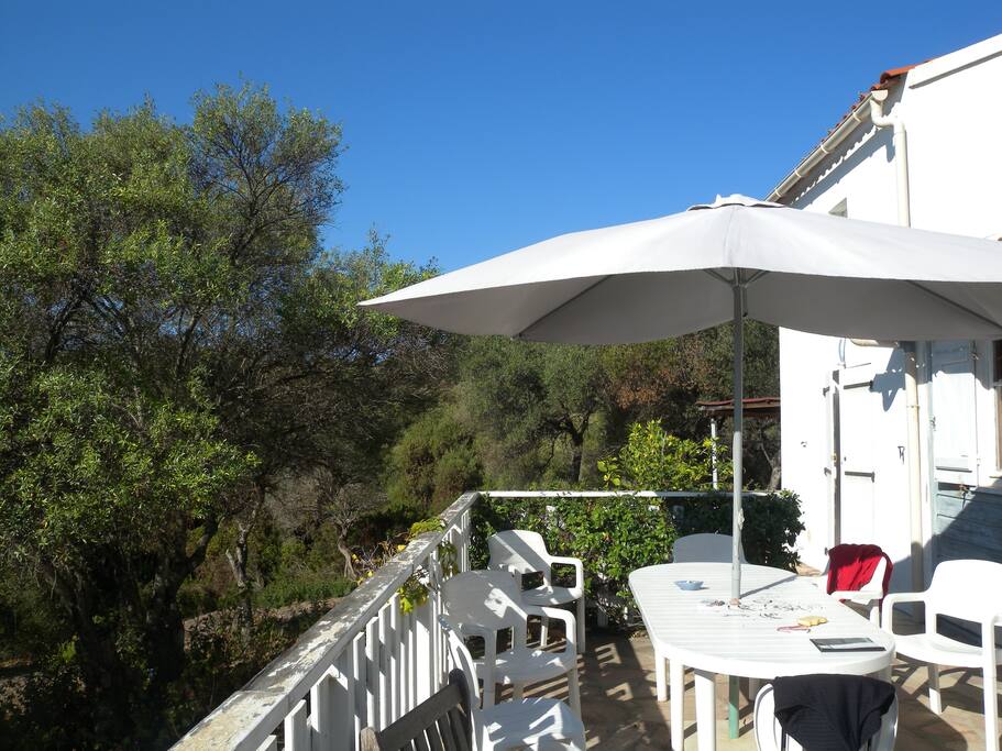 La terrasse du haut (table pour 8 avec parasol)