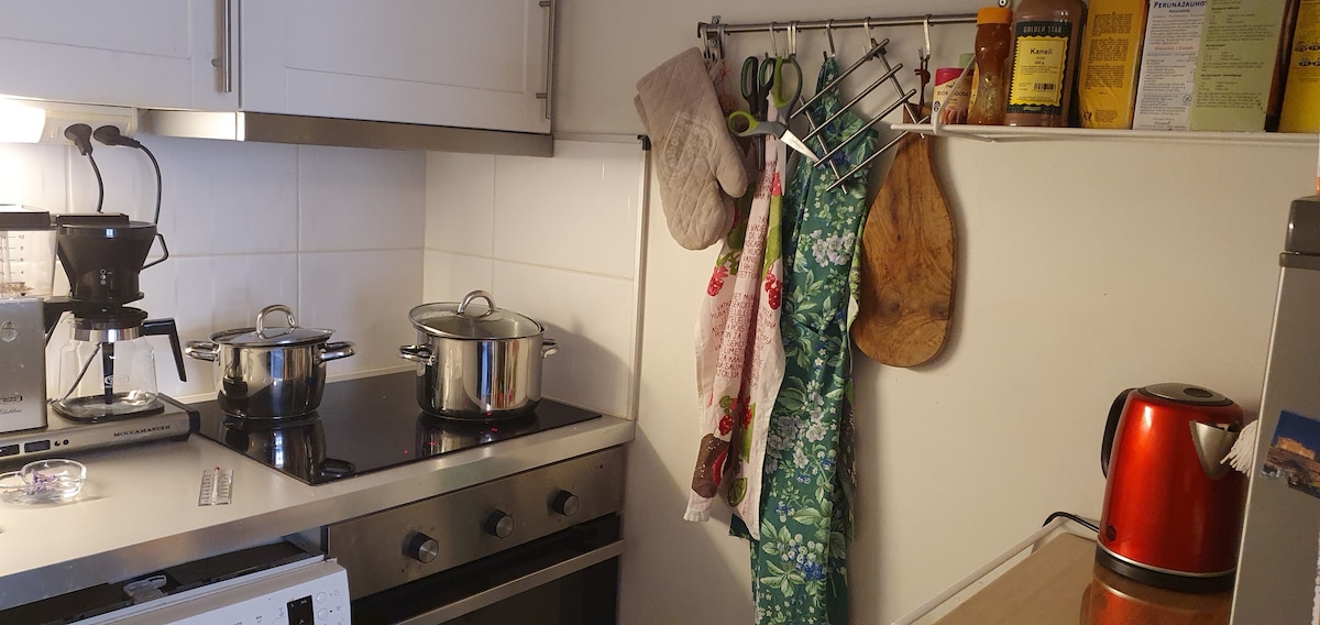 A functional kitchen is equipped with a stove and oven, with two pots simmering on the burners. Cooking utensils, including oven mitts and wooden boards, are hanging on a wall rack. A red kettle sits on the countertop alongside various packaged goods stored on shelves.