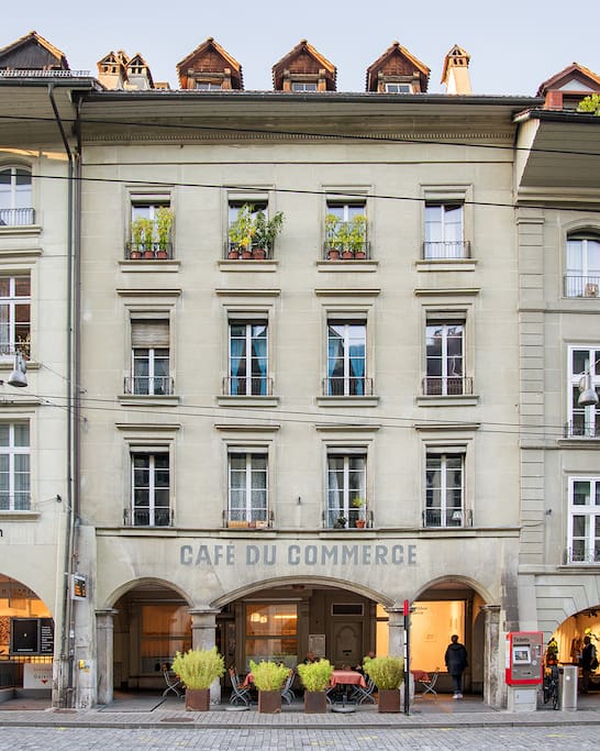 The apartment is 2 floors above the famous Cafe du Commerce restaurant