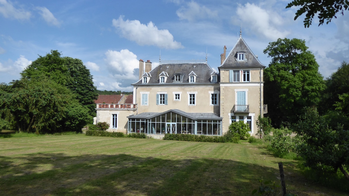 A grand chateau is set amidst a spacious garden, showcasing a light-filled veranda that extends across the front. Lush greenery surrounds the building, complemented by a clear blue sky and scattered clouds. The architecture reflects a blend of historical and eclectic styles.