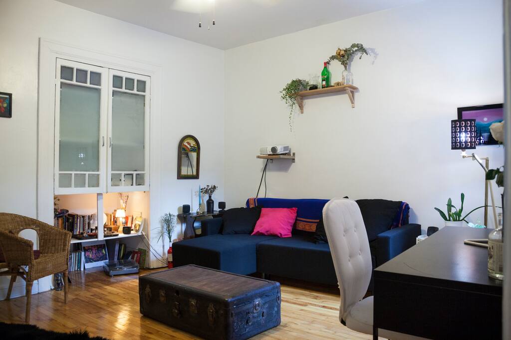 access to wall projector, record player and large collection of books