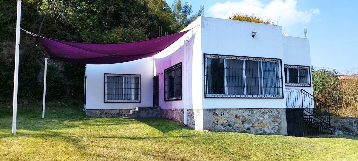 An exterior view of the property reveals a spacious, white house with large windows and black grillwork. A purple shade cloth is draped over a section of the patio, while a well-maintained lawn is visible in front, surrounded by greenery.